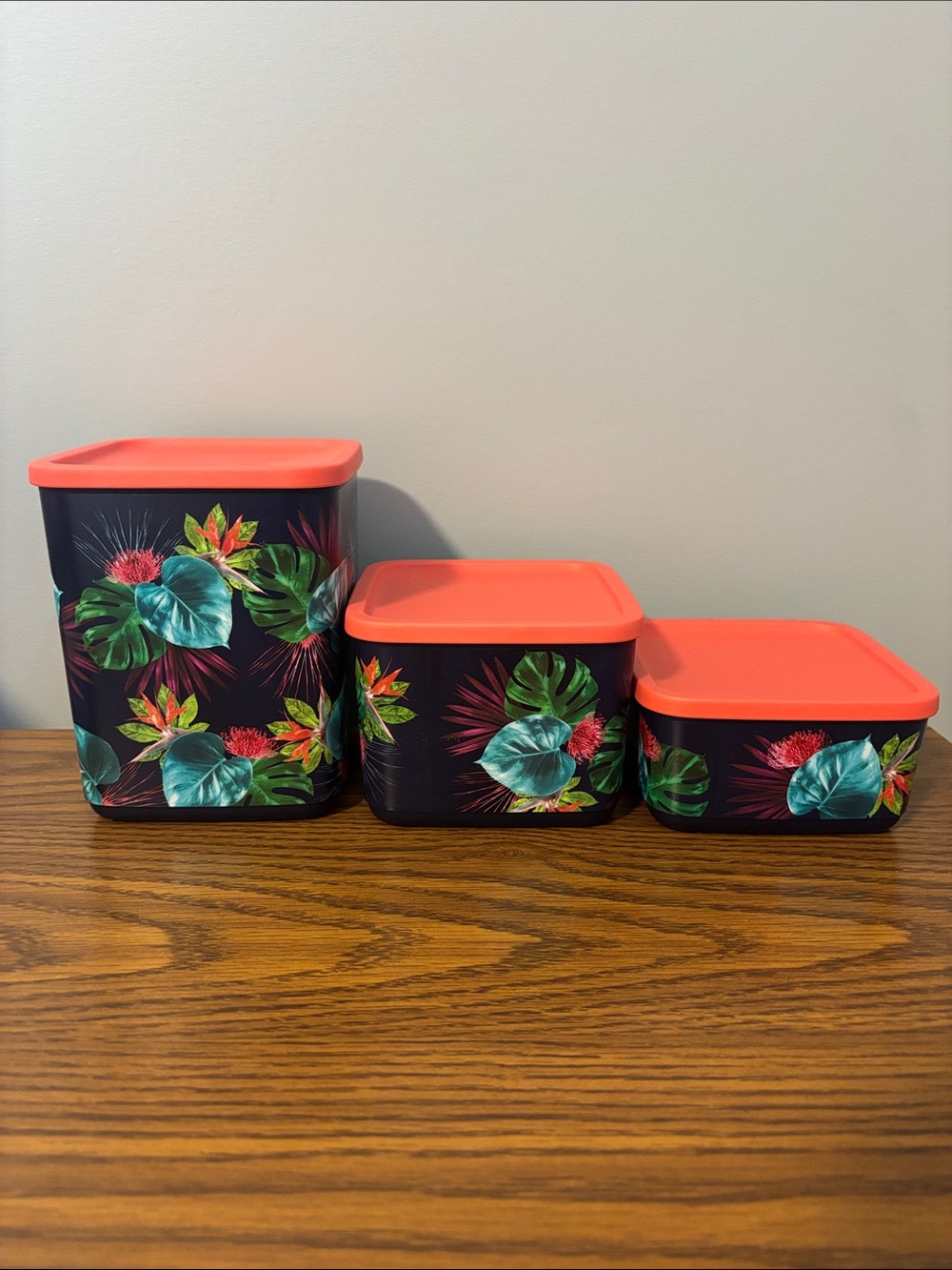Tupperware Tropical Leaf Storage Containers with Coral Lids - Set of 3